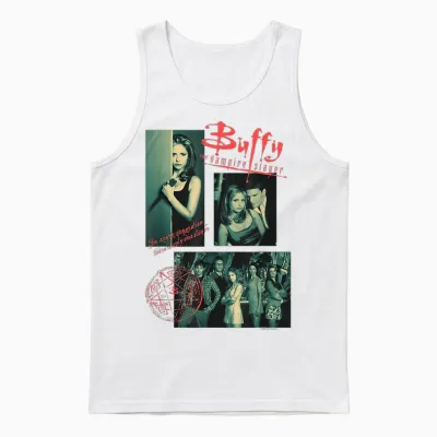 Buffy the Vampire Slayer Sunnydale High Vintage Collage T-Shirt, Black, S Unisex Tank Top - White