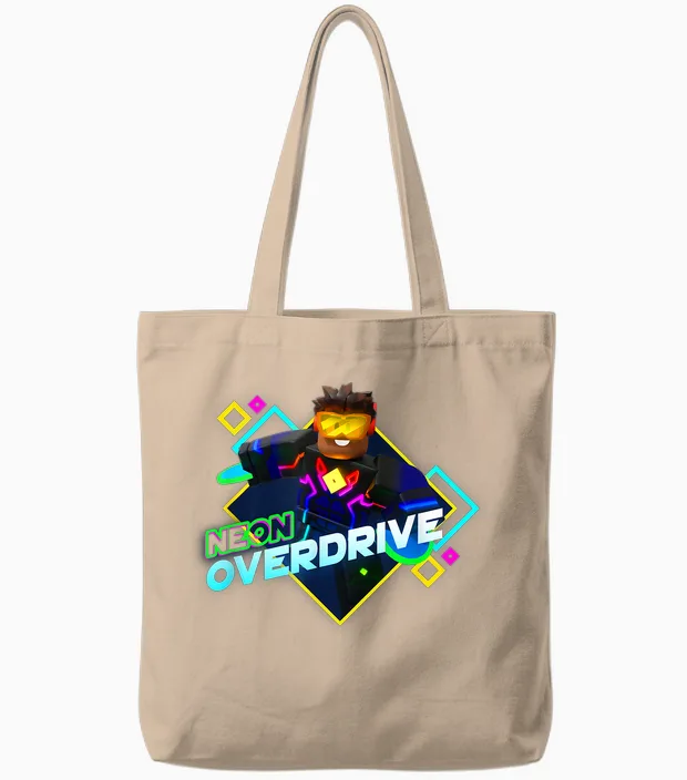 Roblox Black Neon Overdrive Classic Fit T-Shirt - Adult Crew Neck Short Sleeve Cotton and Polyester Tote Bags in Natural