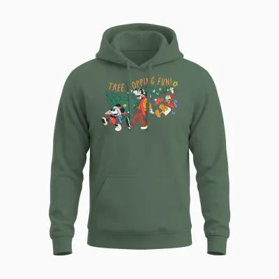 Amazon Essentials Men's Mickey Mouse Goofy and Donald Christmas Tree Topping Fun T-Shirt, Black Graphic Print, Small Unisex Hoodie - Military Green