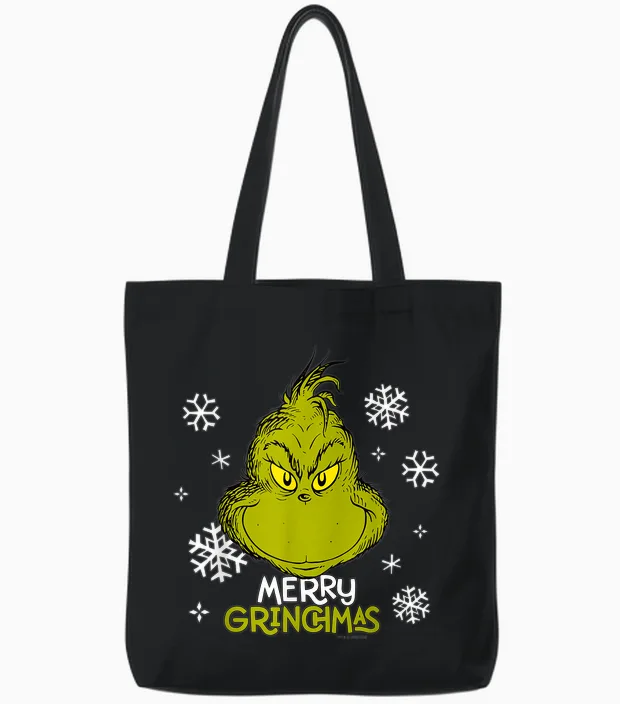 Grinch Merry Grinchmas Snowflakes Tote Bags in Black