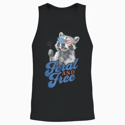 Feral & Free Funny Patriotic Racoon Feral and Free 4th July Unisex Tank Top - Black