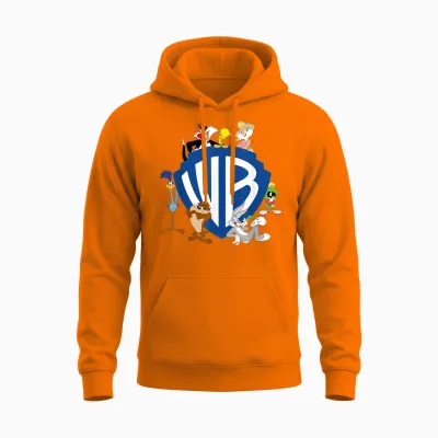 Wb 100: Looney Tunes Wb Shield Logo with Bugs, Taz, Tweety T-Shirt, Gray Unisex Hoodie - Safety Orange