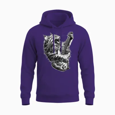 Music Cat Jamming with a Passion for Guitar and Rock T-Shirt, Black, S Unisex Hoodie - Purple