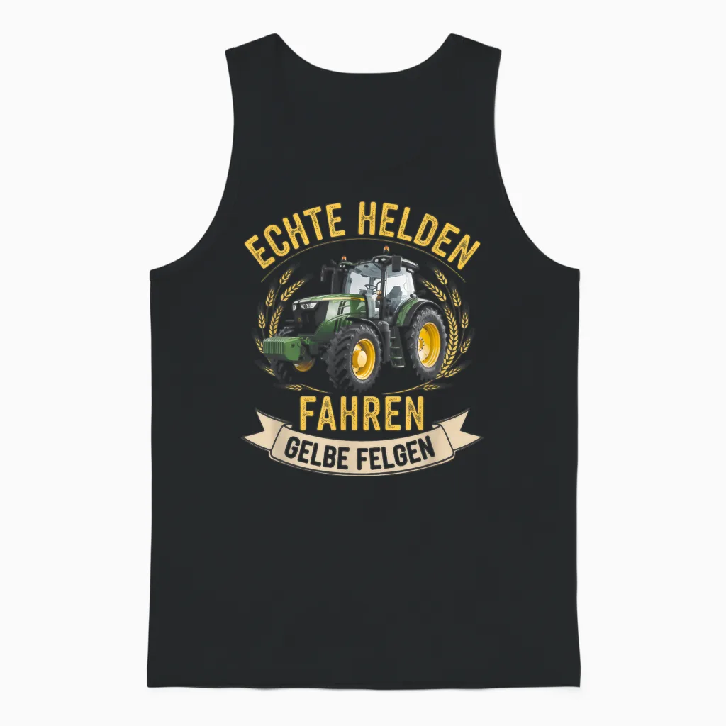 T-Shirt with German Text "echte Helden Fahren", Yellow Rim, Black, S Unisex Tank Top in Black