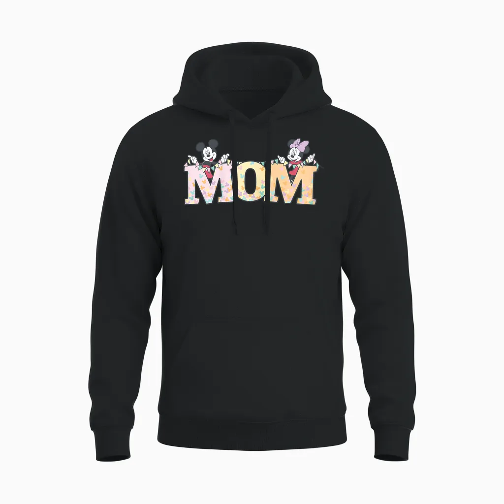Disney Mom Mickey & Minnie Pastel Letters Family Disney Trip Unisex Hoodie in Black