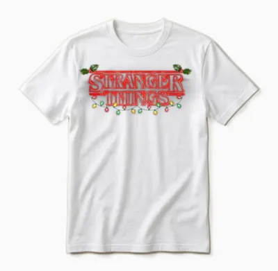 Stranger Things Christmas Neon Lights Iconic Big Text Logo Unisex T-Shirt - White