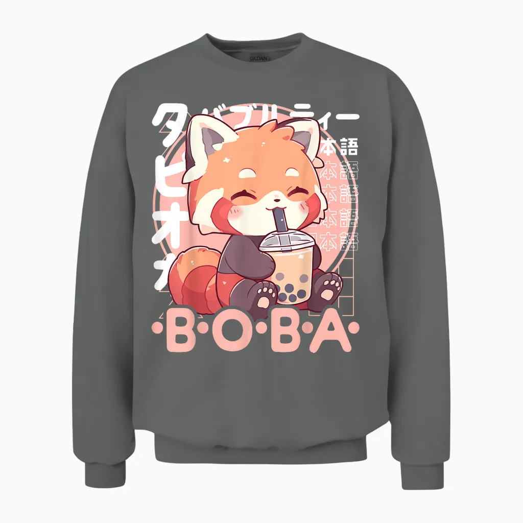 Red Panda Boba Tee Kawaii Bubble Tea Red Panda Anime Neko T-Shirt, Black Unisex Sweatshirt in Graphite Heather