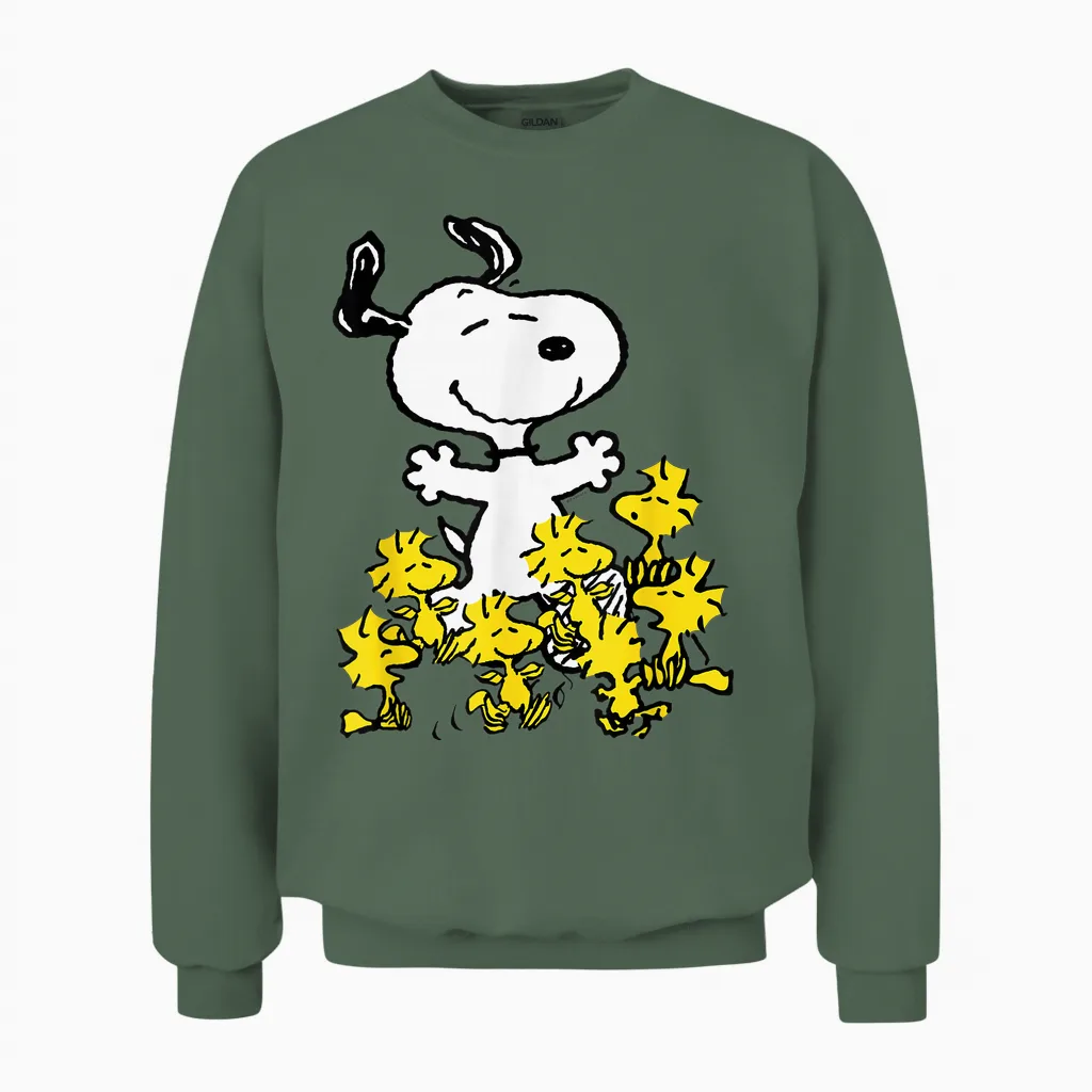 Peanuts Snoopy Chick Party Crew Neck T-Shirt - Classic Fit, Adult, Black Unisex Sweatshirt in Military Green