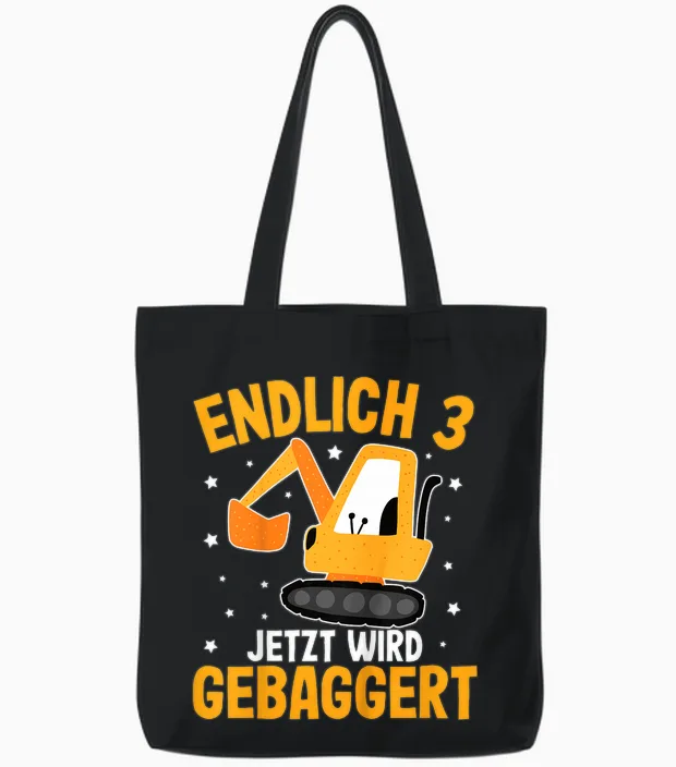 Children's Construction Site Finally 3 Years Now Wird Gebaggert Boys' Digger T-Shirt, Black Tote Bags in Black