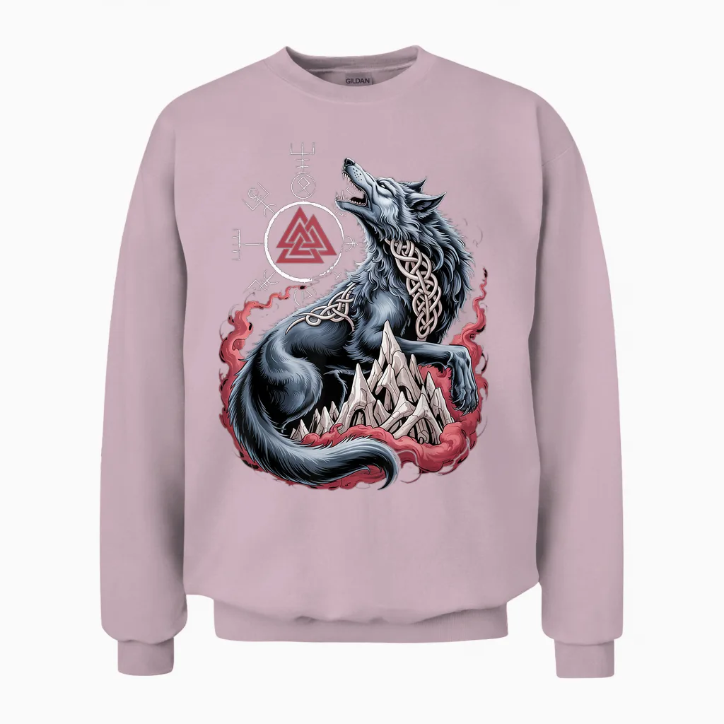 Fenrir Viking Wolf β Valknut Nordic Vegvisir Celtic Compass Unisex Sweatshirt in Light Pink