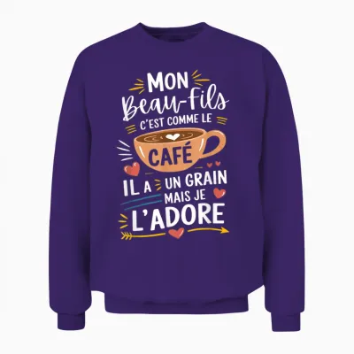 Mon Beau-Fils Comme Le Café – Gift Humour Coffee T-Shirt, Black, S Unisex Sweatshirt - Purple
