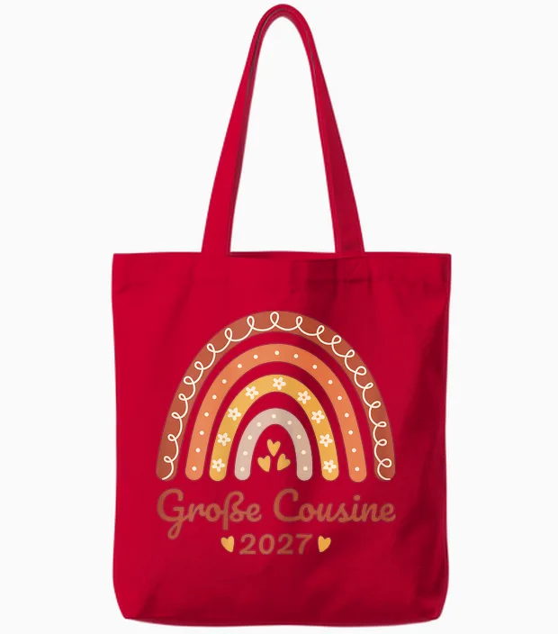 Große Cousine 2027 Regenbogen Nachwuchs Verkünden Kinder Tote Bags in Red