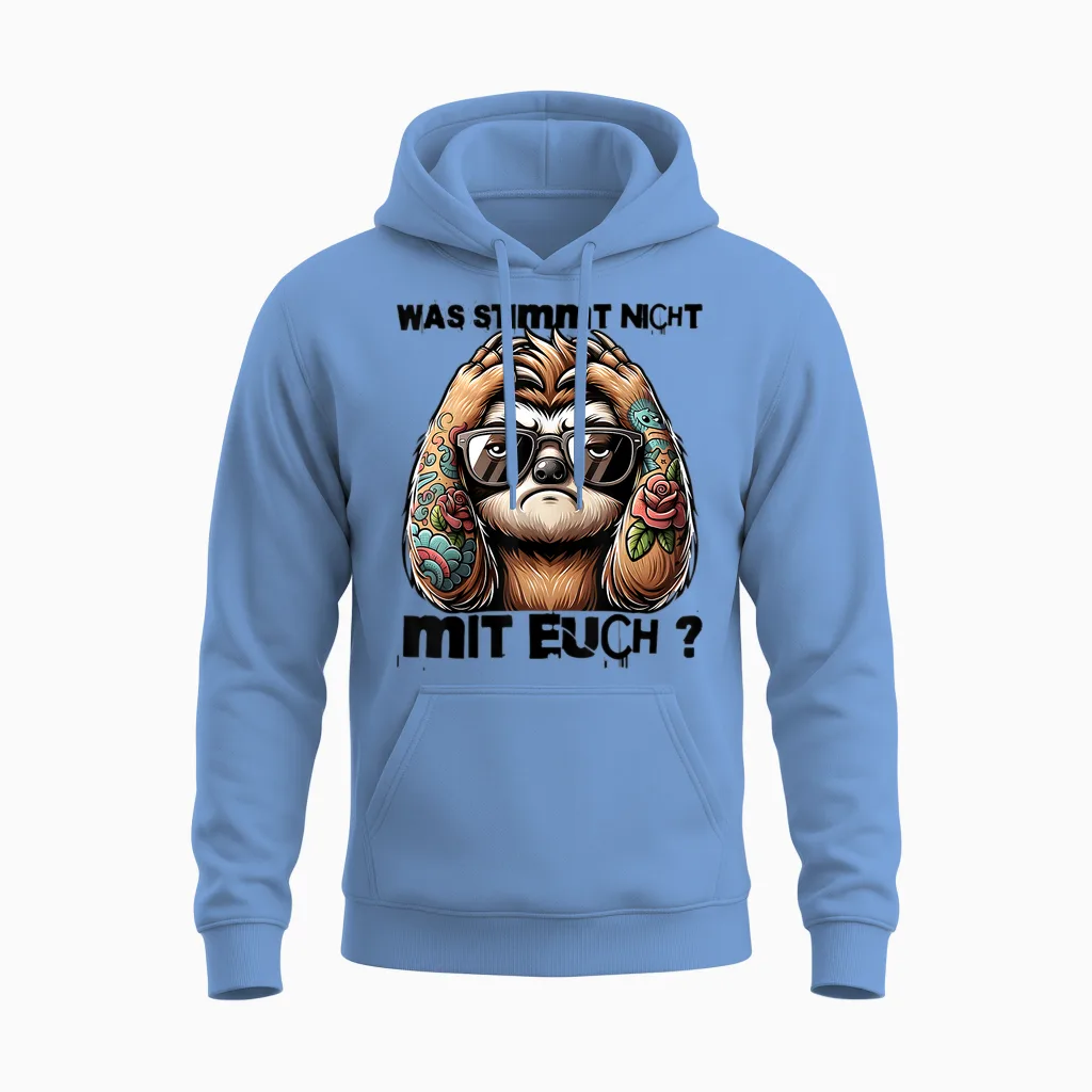 T-Shirt with German Text "ich Hasse Menschen - Was Stimmt Denn Mit Dir Nicht ", White Unisex Hoodie in Carolina Blue