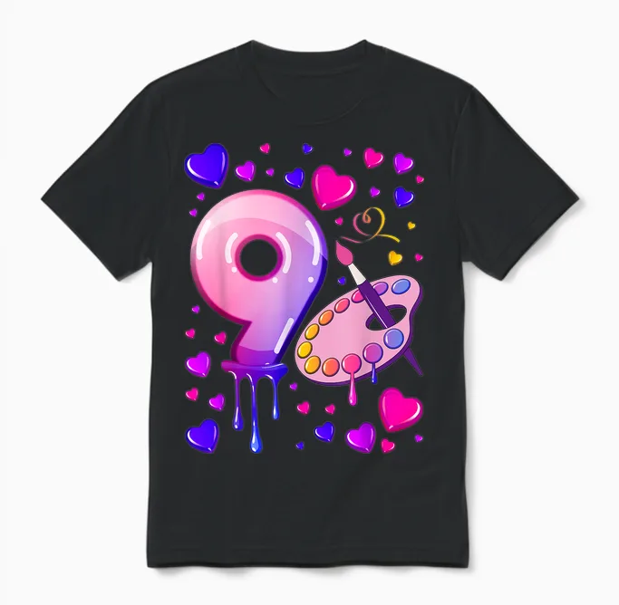 9. Geburtstag, Mädchen 9 Jahre, Malerei, Nummer 9 Unisex T-Shirt in Black