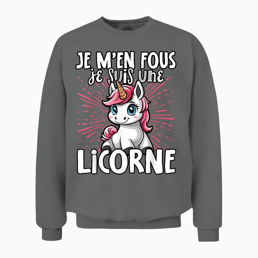 Je M'en Fous Je Suis Une Unicorn Soft T-Shirt, Black, S Unisex Sweatshirt in Graphite Heather