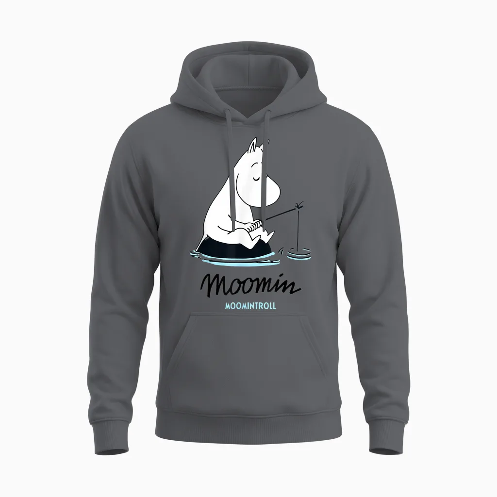 Fishing at Moomin Moomintroll T-Shirt, Grey, S Unisex Hoodie in Charcoal