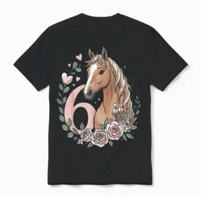 6th Birthday Horse Girl 6 Years Horse Decoration Riding Pony Unisex T-Shirt - Black