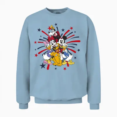 Disney Mickey Classic 4th of July Fireworks Group Hug Unisex Sweatshirt - Light Blue