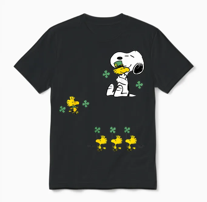 Snoopy & Woodstock - St Patrick's Day Shamrock Unisex T-Shirt in Black