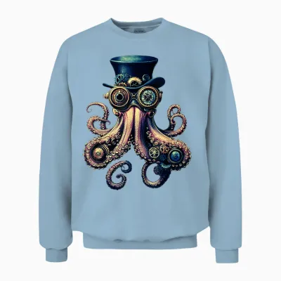 Steampunk Octopus - Gears, Glasses and Tentacles Design Unisex Sweatshirt - Light Blue