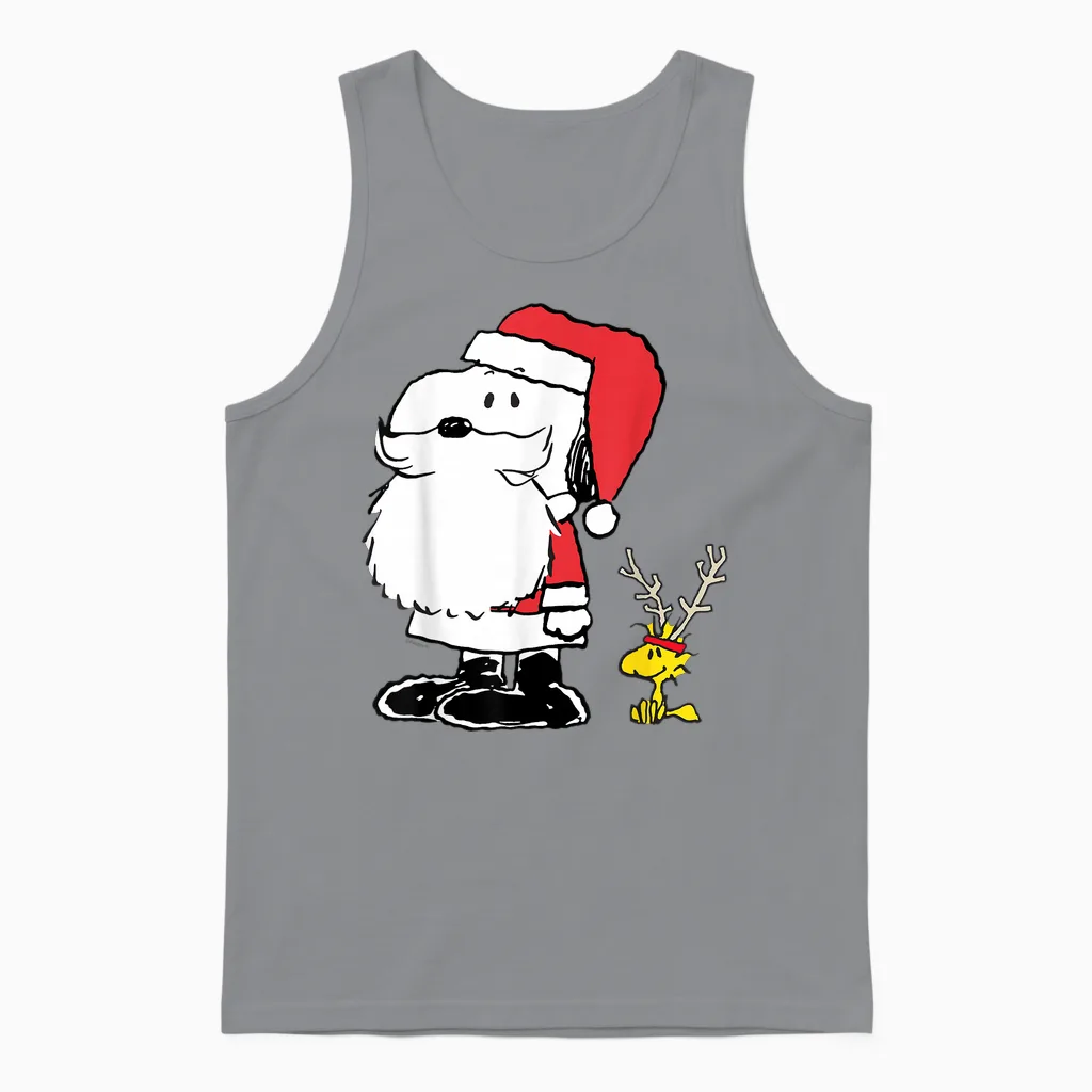 Peanuts Holiday Snoopy Woodstock Antlers Santa Short Sleeve Unisex Tank Top in Sport Grey