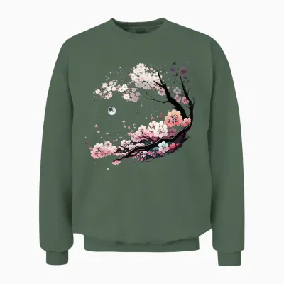 Japanese Sakura Garden Geisha Mount Fuji Cherry Blossom Unisex Sweatshirt - Military Green