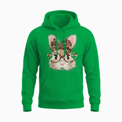 Funny Bunny Face Glasses Bandana Leopard Rabbit Happy Easter Unisex Hoodie - Irish Green