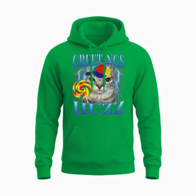 Lollipop Cat Meme Greetings Huzz Funny Silly Cats Brainrot T-Shirt for Men Women Kids Unisex Hoodie - Irish Green