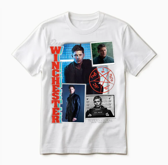 Ripple Junction Supernatural Dean Winchester Collage T-Shirt, Men's/unisex, Black, Small, Short Sleeve, Classic Fit, Cotton Blend, Licensed Merchandise, Collage Theme, Letter Print Pattern Unisex T-Shirt in White