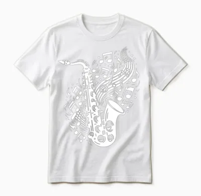 Saxophone with Flying Music Sheet Music Unisex T-Shirt - White
