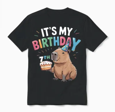 Kids 7th Birthday Capybara 7 Years Old Birthday Party Unisex T-Shirt - Black