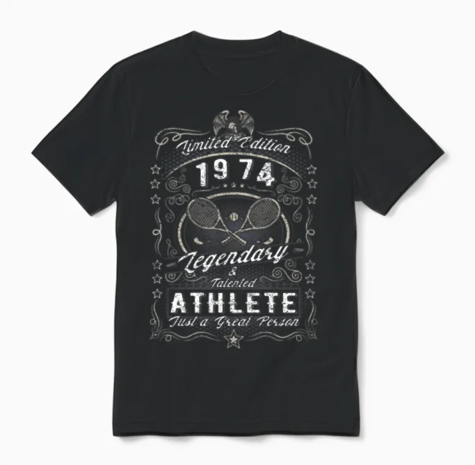 Vintage 1974 Tennis Birthday Gift Sport Hobby Unisex T-Shirt in Black