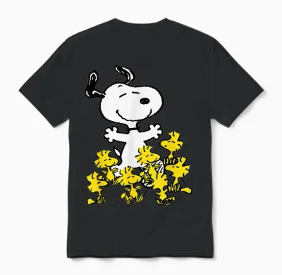 Peanuts Snoopy Chick Party Crew Neck T-Shirt - Classic Fit, Adult, Black Unisex T-Shirt - Black