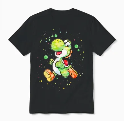 Super Mario Yoshi Watercolor Splatter Portrait Unisex T-Shirt - Black