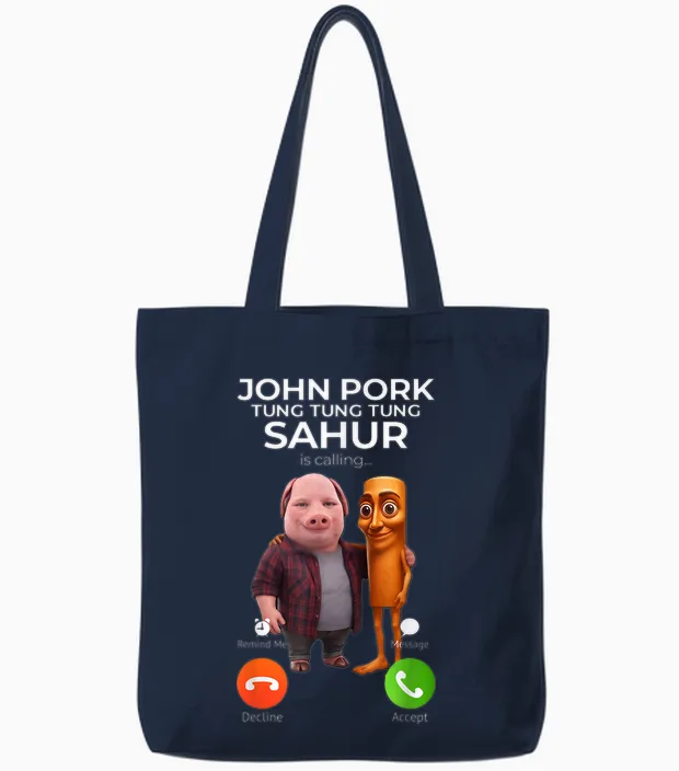 Tung Tung Tung Sahur John Pork Meme Brainrot Calling Tote Bags in Navy