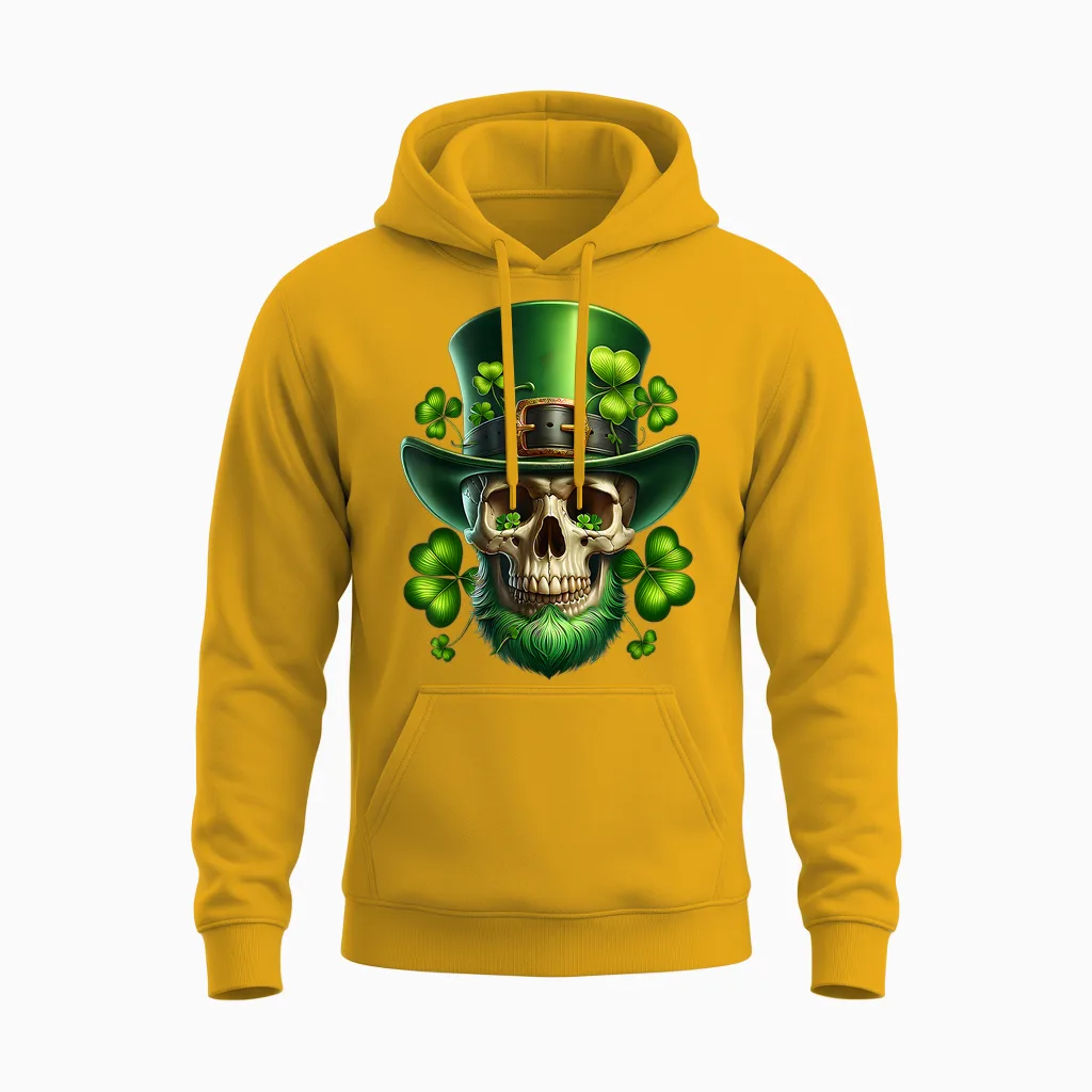 St Patrick's Day Irish Sugar Skull Day of Dead St Patrick's Day Unisex Hoodie in Gold