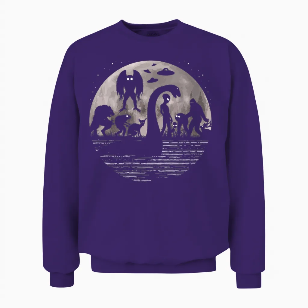 Bigfoot Loch Ness Monster Mothman and Aliens! Funny Cryptid Unisex Sweatshirt in Purple