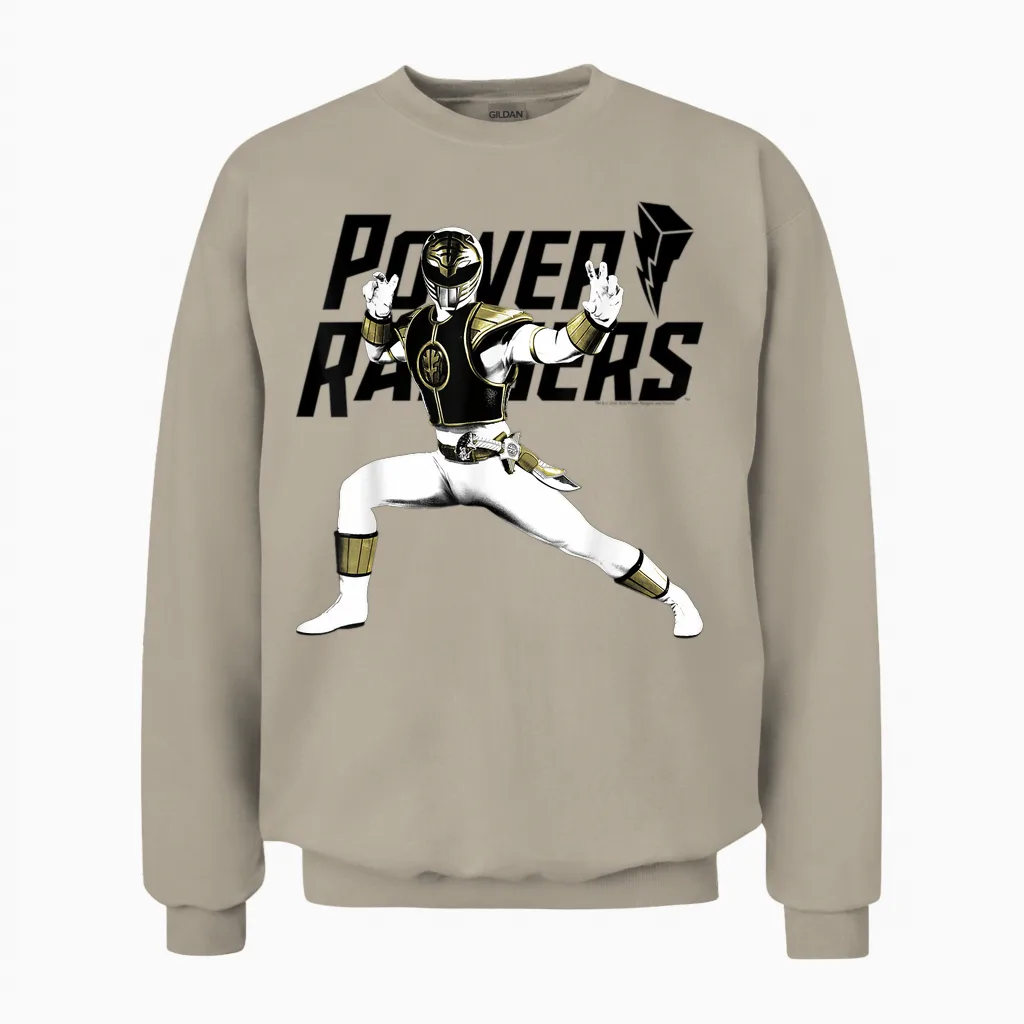 Power Rangers White Ranger Karate Action Pose Logo Unisex Sweatshirt in Sand