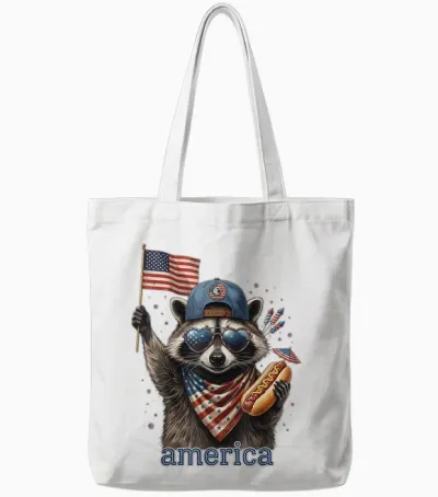 Funny Raccoon Hot Dog American Flag 4th of July Tote Bags - White