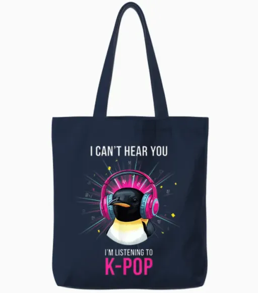 Pingouin Casque Kpop Fan Funny Music Lover Tote Bags in Navy