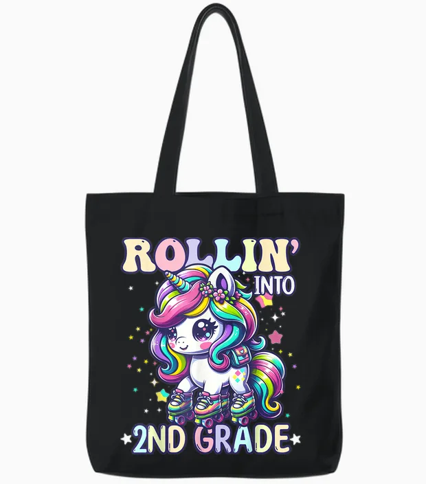 2nd Grade Back to School First Day Girl Rollin Unicorn Tote Bags in Black