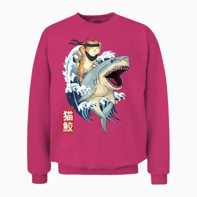 Samurai Cat Shirt - Retro Ninja Japanese Cat Shark Kanagawa Unisex Sweatshirt - Heliconia