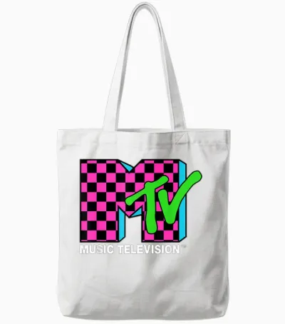 Classic Mtv Logo Pink and Blue Check Tote Bags - White