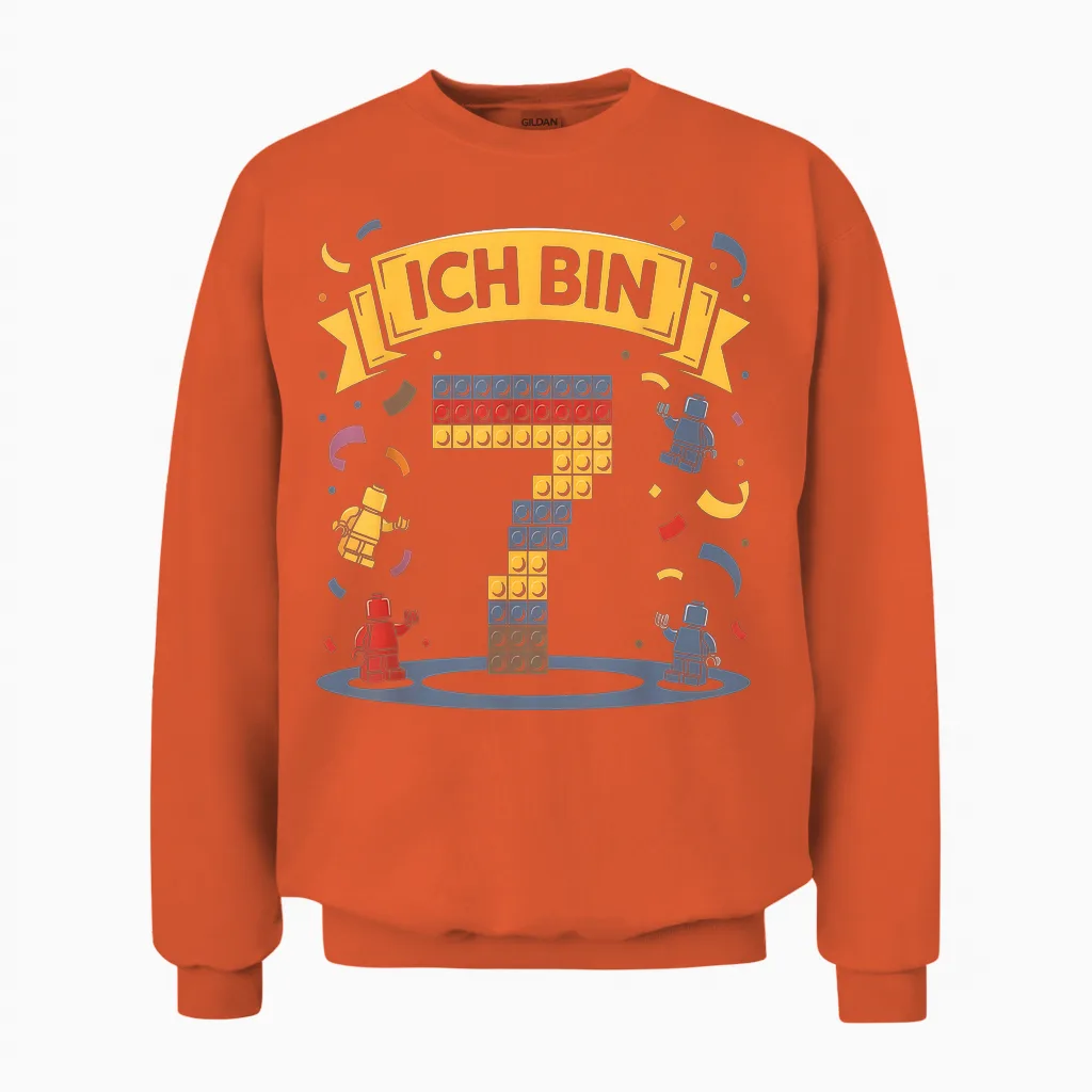 T-Shirt with German Text "ich Bin 7 Bausteine 7th Birthday" Boys Girls Birthday Unisex Sweatshirt in Orange