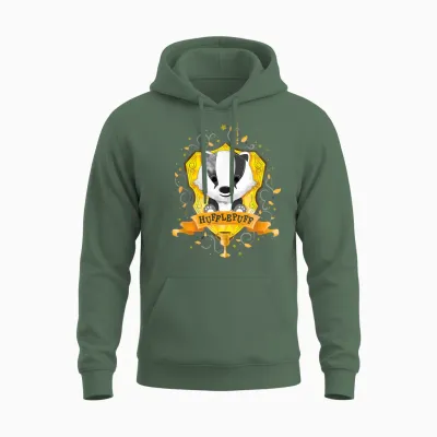 Harry Potter Watercolor Hufflepuff Crest Unisex Hoodie - Military Green