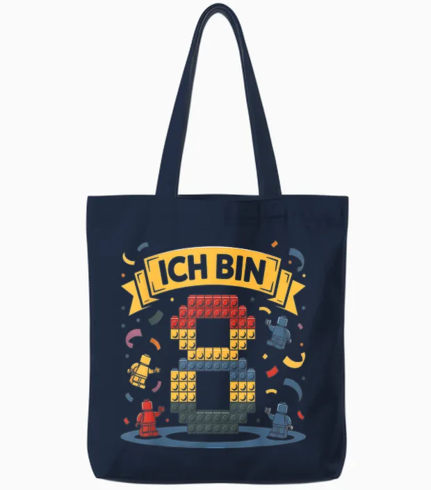 T-Shirt with German Text "ich Bin 8 Bausteine 8th Birthday" for Boys And Tote Bags in Navy