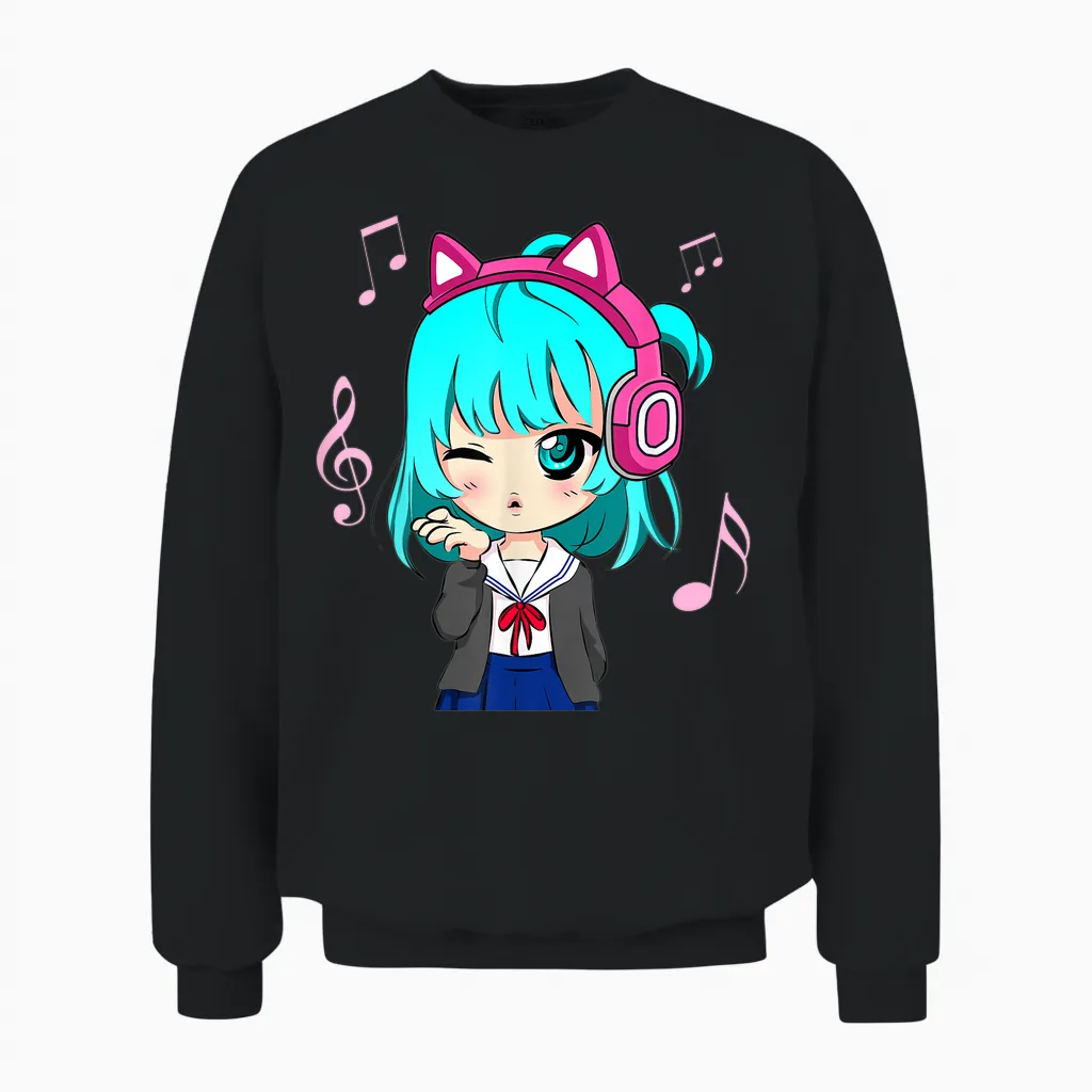 Anime and Music Girl for Teen Chibi Graphic Anime Girl T-Shirt Small Unisex Sweatshirt in Black