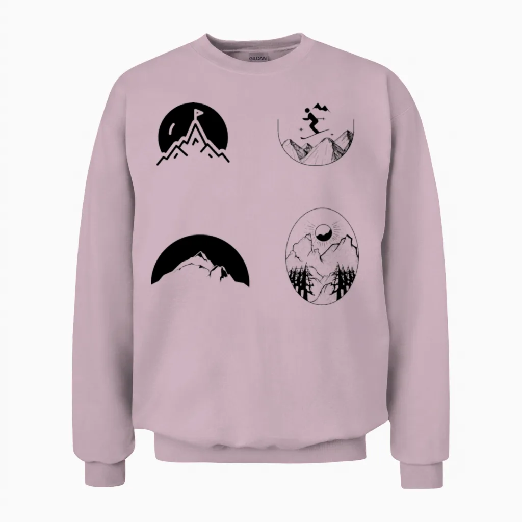 Ski and Hiking Mountain Sketch Unisex Sweatshirt in Light Pink