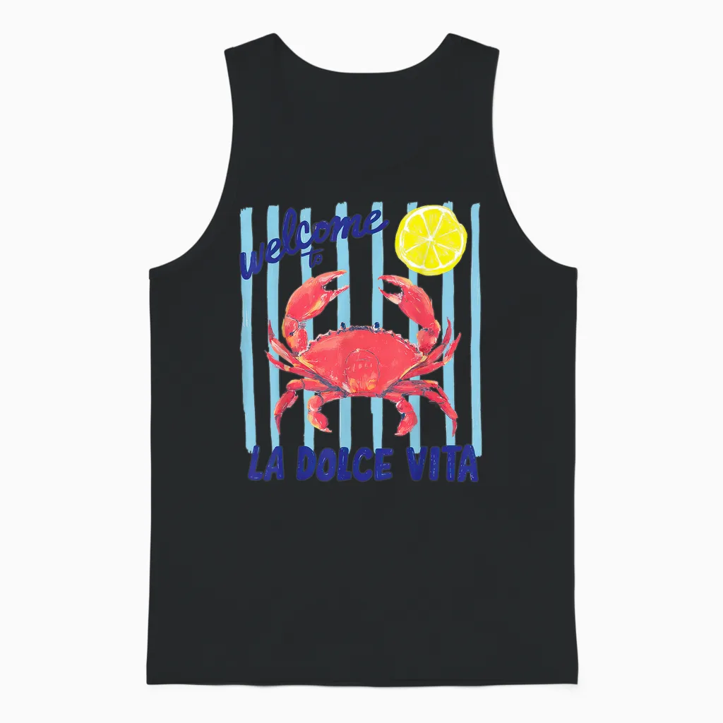 La Dolce Vita Crabe Citron Italie Littoral Summer Retro Graphic Unisex Tank Top in Black