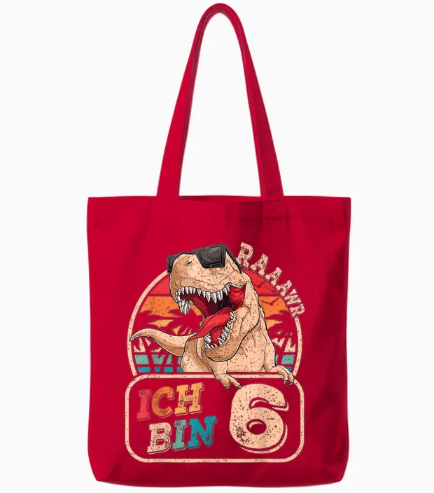 Ich Bin 6 Dinosaurs 6 Years Dino 6th Birthday Boy Party T-Shirt, Black Tote Bags in Red